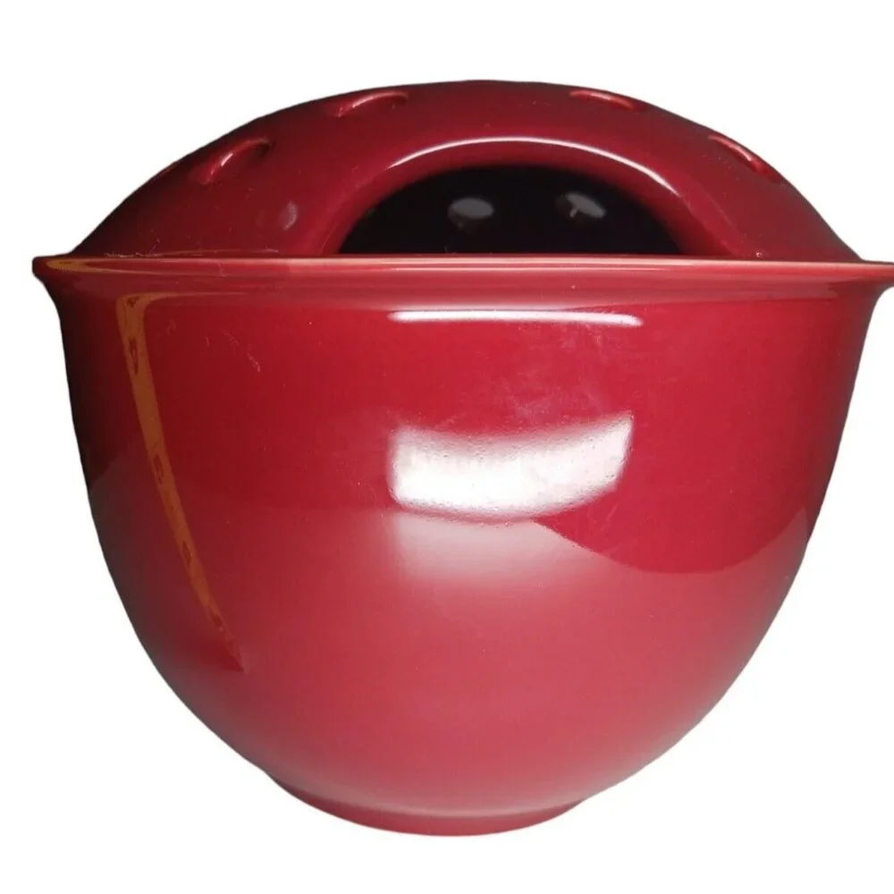 Flower Floral Glazed Ceramic Plant Pot with Frog Lid Burgundy / Maroon Vase Bowl